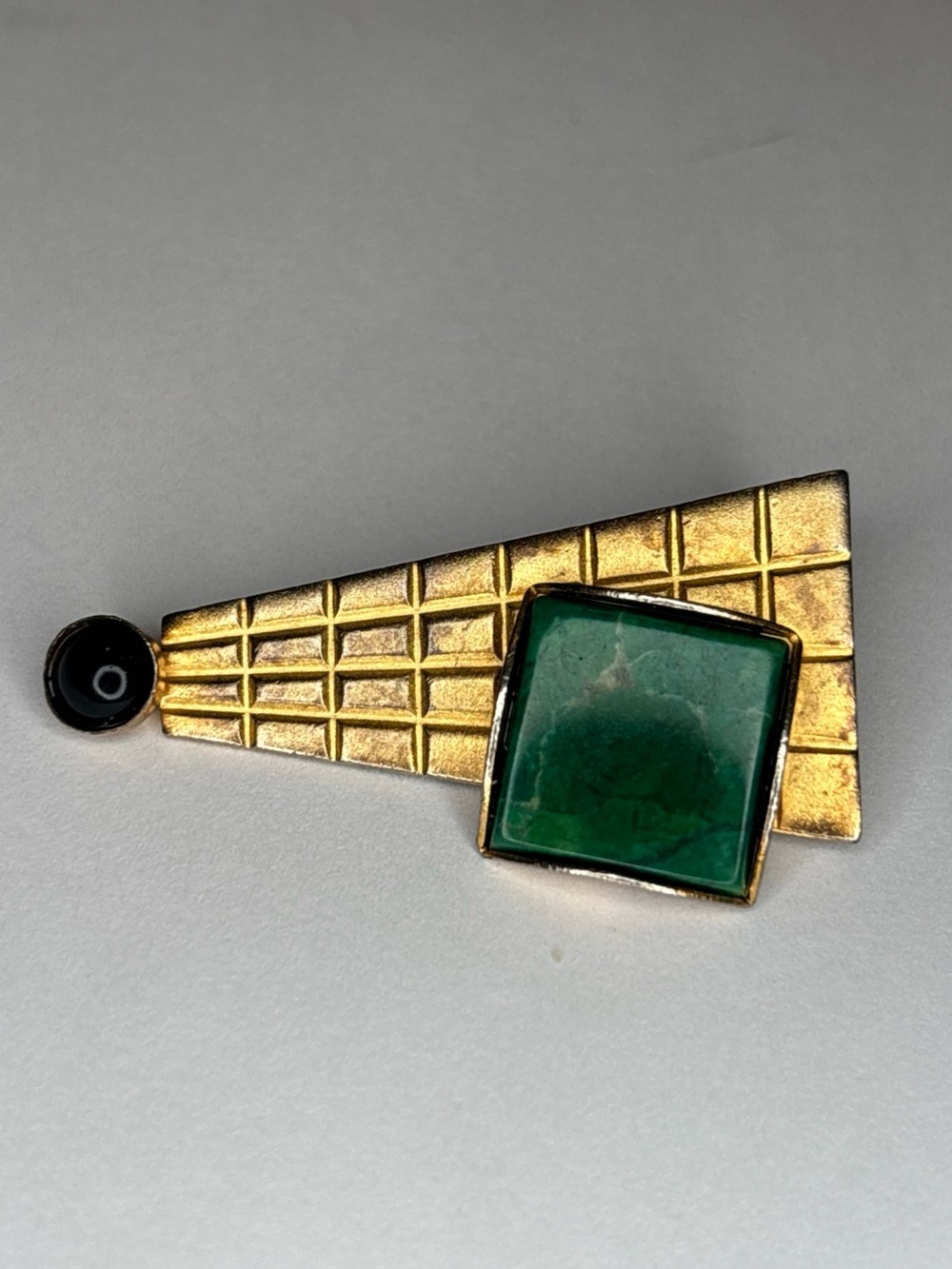 Vtg‎ Gale Rothstein II Modernist Brooch Gold Tone Green Jasper Onyx Pin Signed